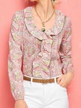 Talbots Pintuck Ruffle Top Womens LP Floral V Neck Button Front Long Sleeve EUC